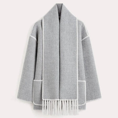 Women’s Oversized Scarf-Detail Winter Jacket – Contrast-Stitch Button Layer for Cold-Weather Styling