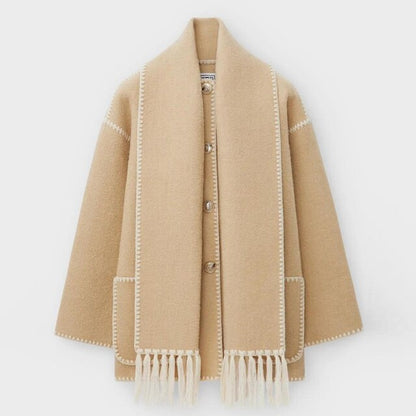 Women’s Oversized Scarf-Detail Winter Jacket – Contrast-Stitch Button Layer for Cold-Weather Styling