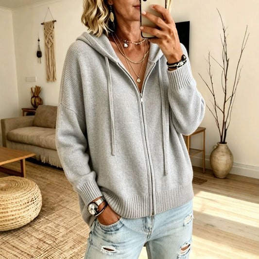 Women’s Hooded Knitted Cardigan – Full Zip with Drawstring Hood