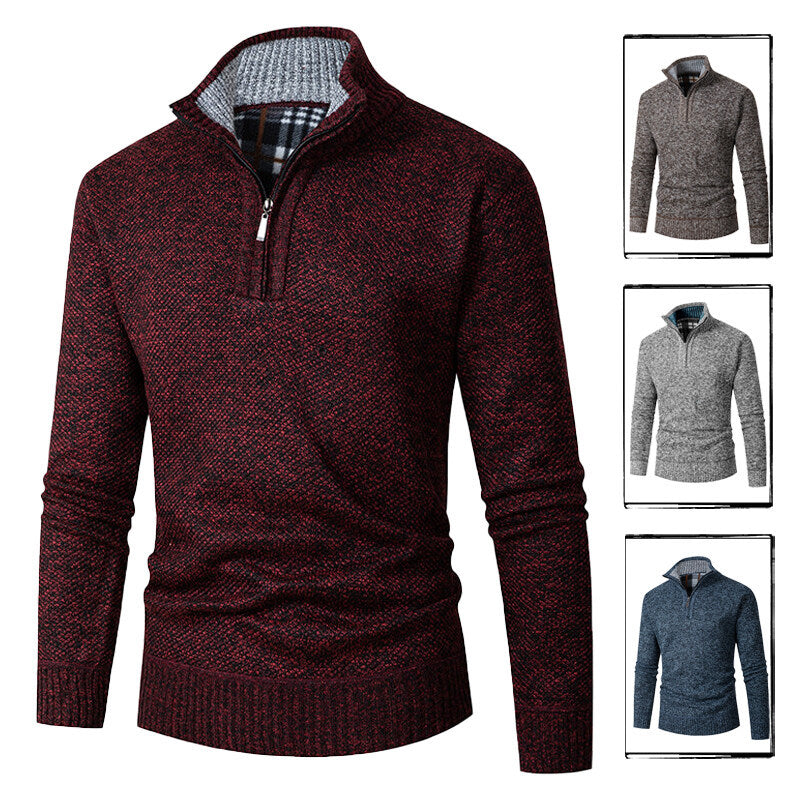 Men’s Half-Zip Knit Jumper – Chunky Marled Yarn with Checked Collar