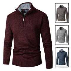 Men’s Half-Zip Knit Jumper – Chunky Marled Yarn with Checked Collar