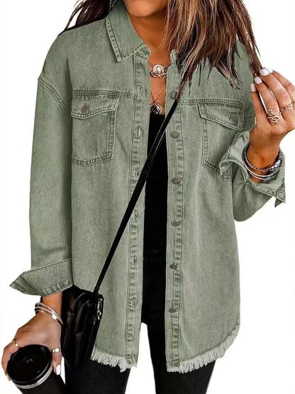 Women’s Oversized Denim Jacket – Fringed Hem with Press Studs