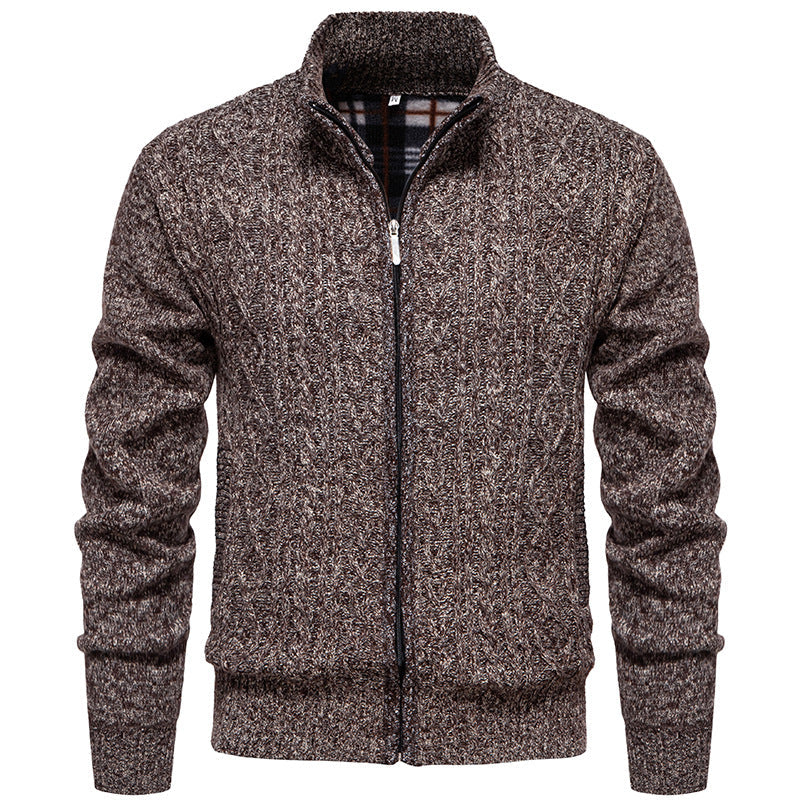 Men’s Zip-Through Knitted Jacket – Cable Pattern with Stand Collar