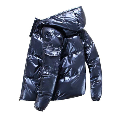 Men’s Hooded Puffer Jacket – Glossy Quilted Finish with Side Pockets