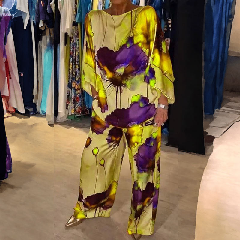 Women’s Artistic Print Co-Ord Set – Flowing Wide-Sleeve Top and Relaxed Trousers