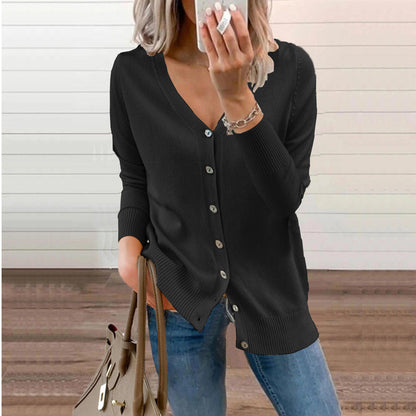 Women’s V-Neck Knit Cardigan – Relaxed Button Layer for Autumn and Winter