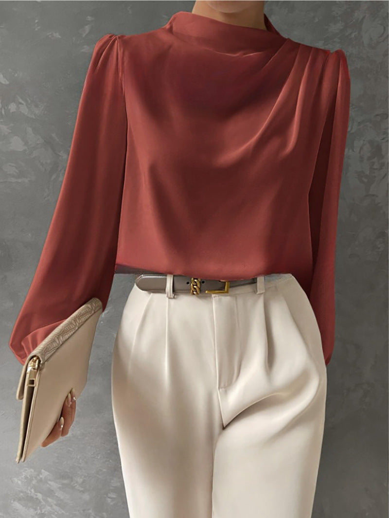 Women’s Draped Neck Long-Sleeve Blouse – Refined Relaxed Top for Office and Smart Casual Wear