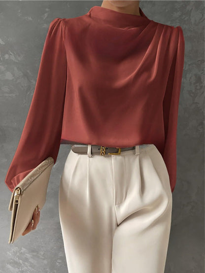 Women’s Draped Neck Long-Sleeve Blouse – Refined Relaxed Top for Office and Smart Casual Wear