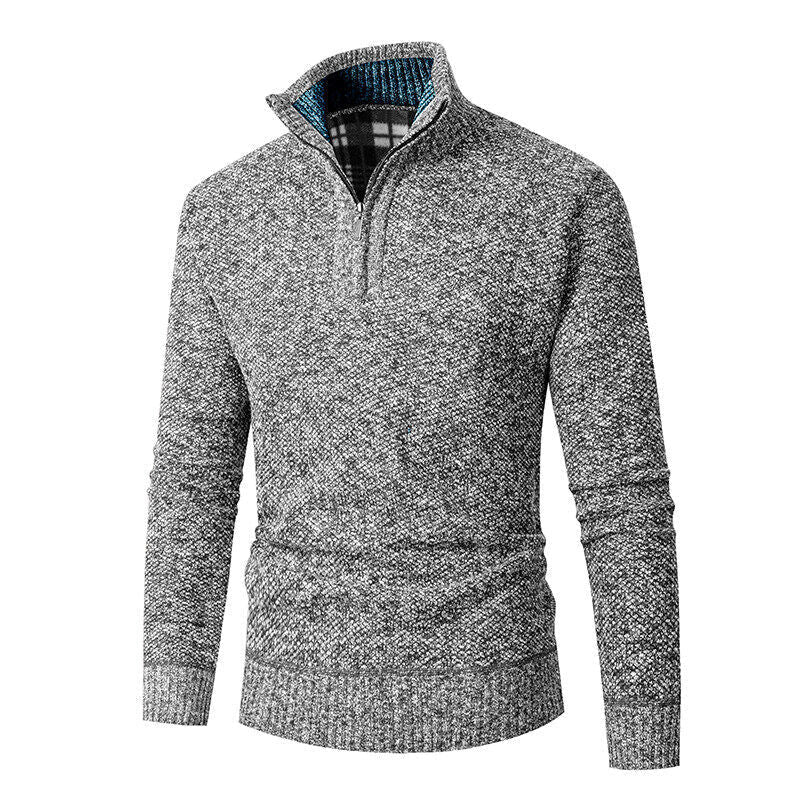 Men’s Half-Zip Knit Jumper – Chunky Marled Yarn with Checked Collar