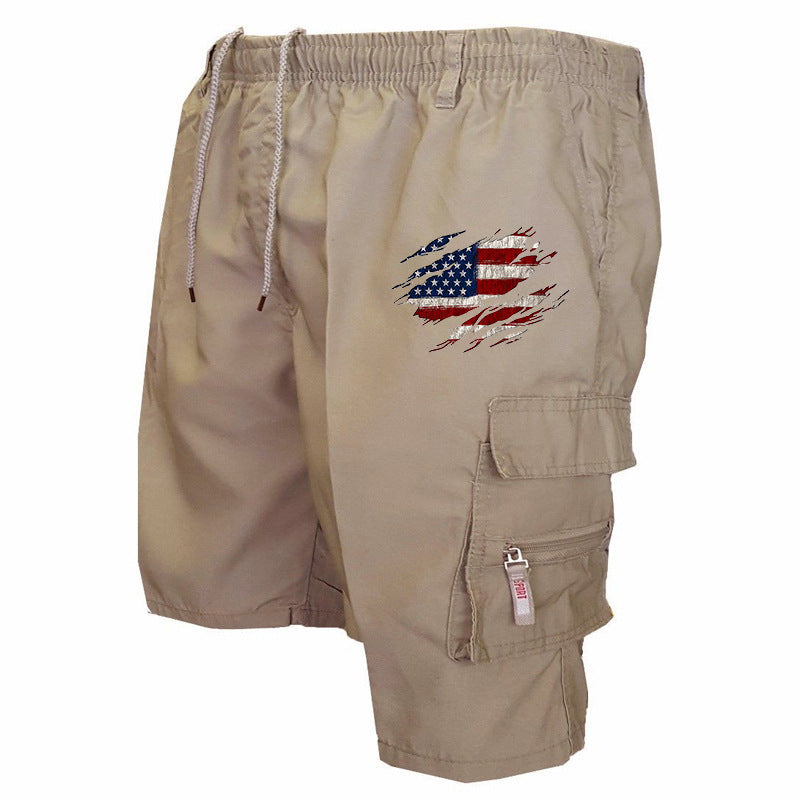 Men’s Graphic Cargo Shorts – Elasticated Drawstring Waist with Utility Pockets and American Flag Detail for Summer Wear