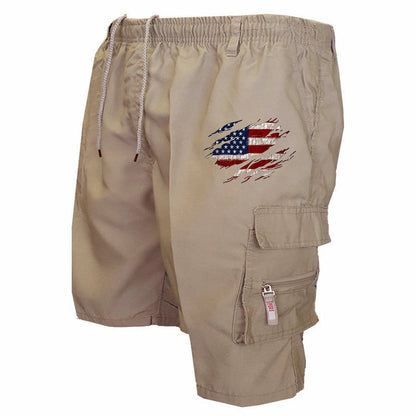 Men’s Graphic Cargo Shorts – Elasticated Drawstring Waist with Utility Pockets and American Flag Detail for Summer Wear