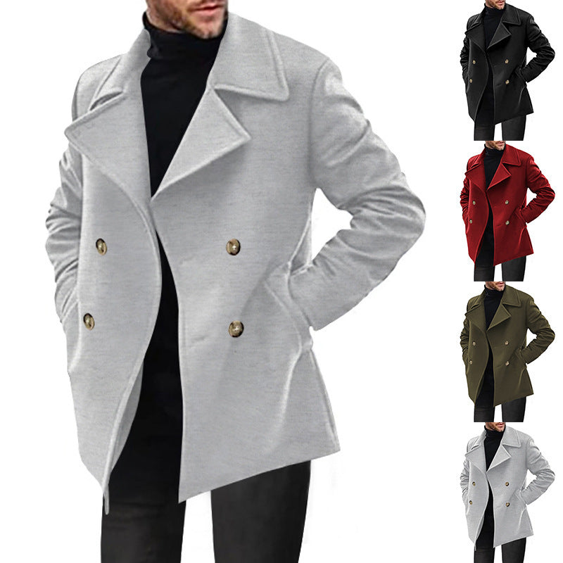 Men’s Double-Breasted Short Coat – Wide Lapels with Flap Pockets