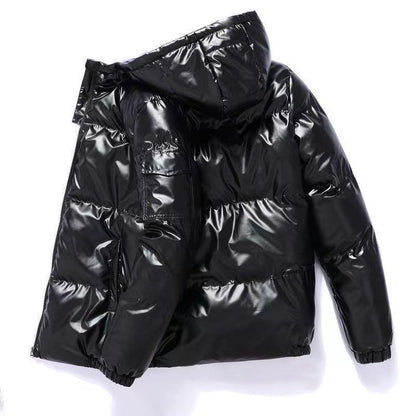 Men’s Hooded Puffer Jacket – Glossy Quilted Finish with Side Pockets