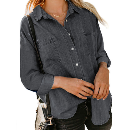 Women’s Double-Pocket Button Shirt – Relaxed Long-Sleeve Style for Smart Casual Wear