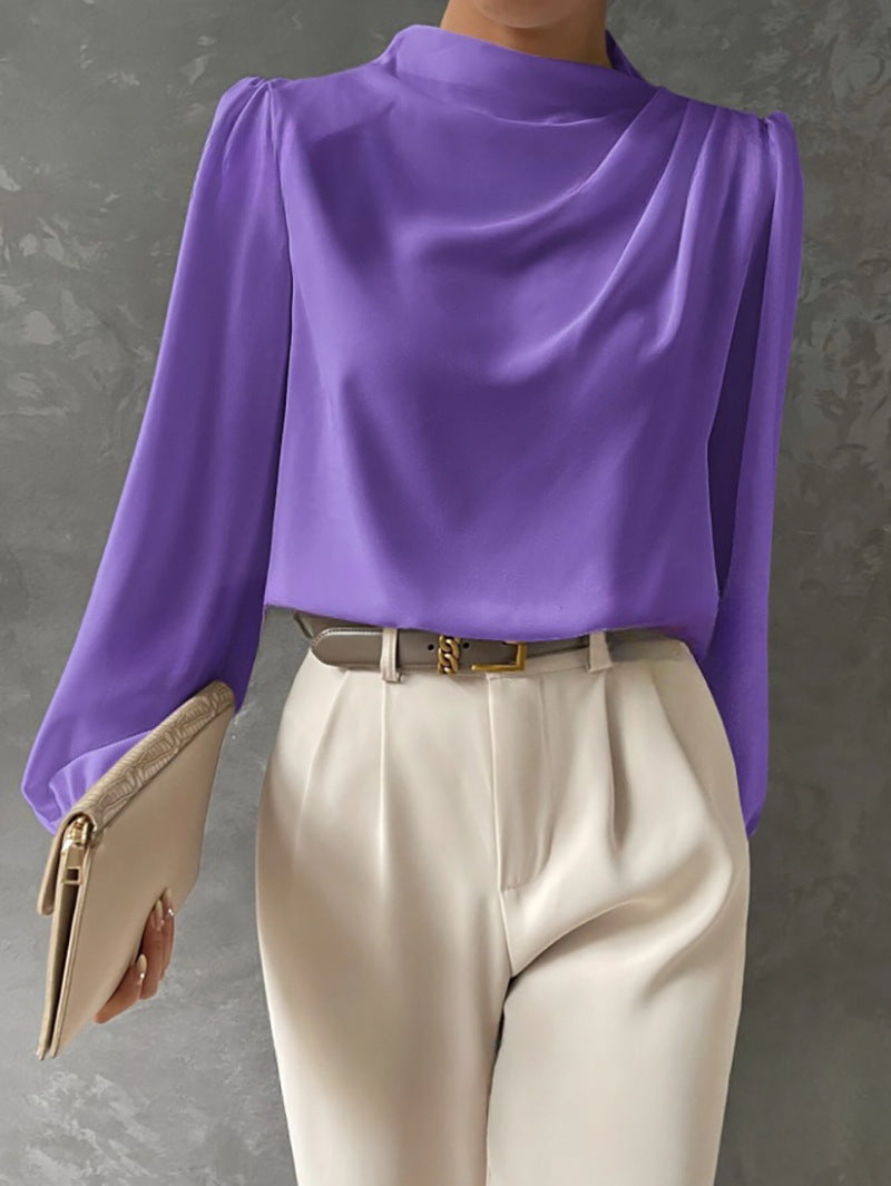 Women’s Draped Neck Long-Sleeve Blouse – Refined Relaxed Top for Office and Smart Casual Wear