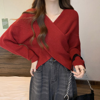 Women’s Wrap-Front V-Neck Knit Sweater – Cropped Relaxed Pullover for Feminine Everyday Styling