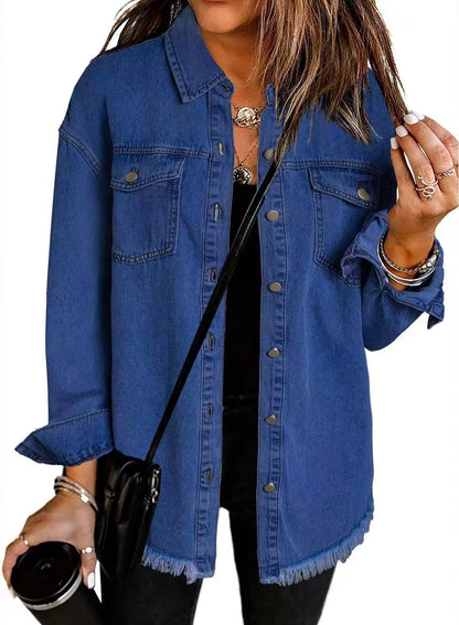 Women’s Oversized Denim Jacket – Fringed Hem with Press Studs