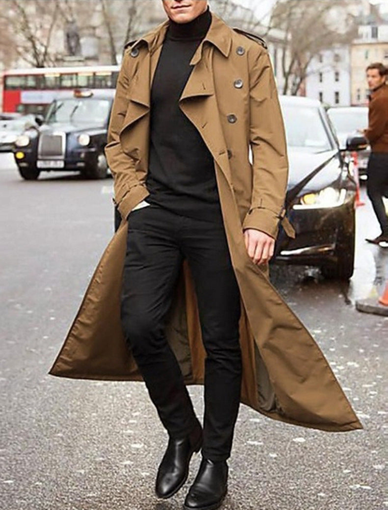 Men’s Longline Double-Breasted Trench Coat – Dramatic Tailored Layer with Epaulettes and Cuff Straps