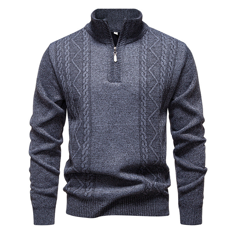 Men’s Half-Zip Knit Jumper – High Stand Collar with Cable Panels