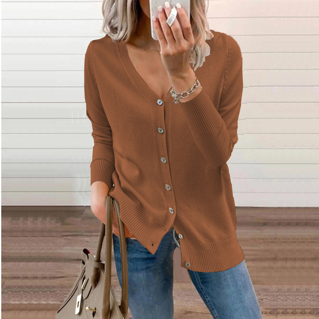 Women’s V-Neck Knit Cardigan – Relaxed Button Layer for Autumn and Winter