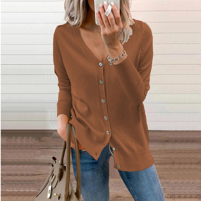 Women’s V-Neck Knit Cardigan – Relaxed Button Layer for Autumn and Winter
