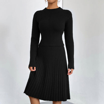 Women’s Pleated Knit Two-Piece Set – Ribbed Crew-Neck Jumper and A-Line Skirt for Smart Casual Wear