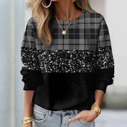 Women’s Sequin Plaid Panel Sweatshirt – Relaxed Crew-Neck Pullover with Sparkle Detail