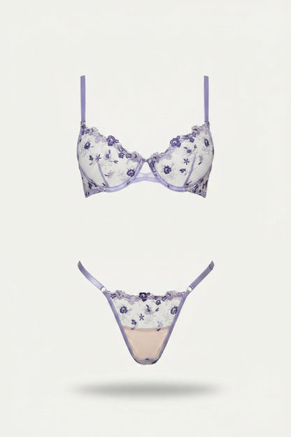 Women’s Embroidered Mesh Bra and Thong Set – Underwired Two-Piece Lingerie