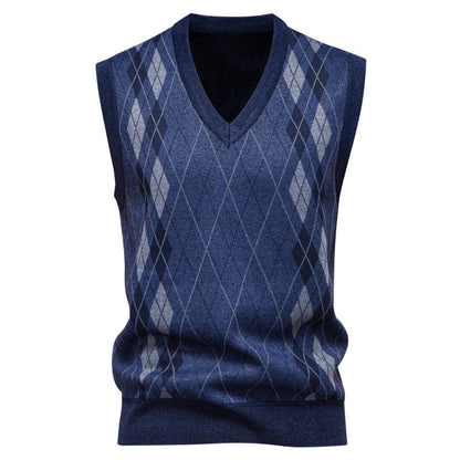 Men’s Knitted Sleeveless Vest – Argyle Diamond Pattern with V-Neck