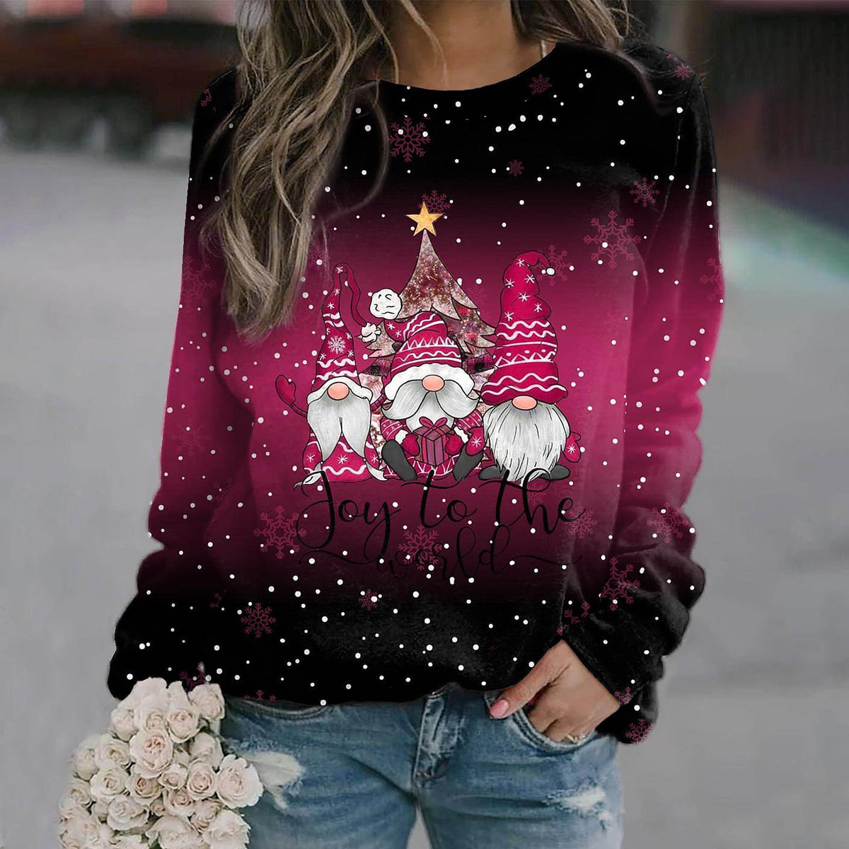 Women’s Christmas Gnome Graphic Sweatshirt – Relaxed Crew-Neck Pullover for Festive Winter Wear
