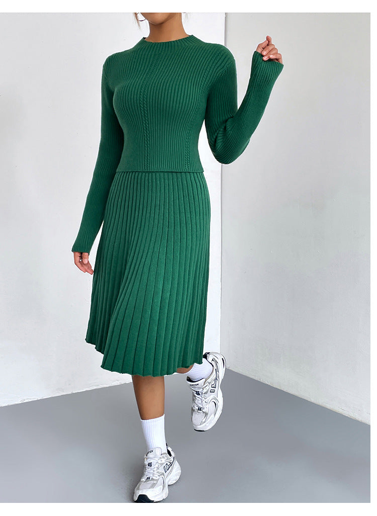 Women’s Pleated Knit Two-Piece Set – Ribbed Crew-Neck Jumper and A-Line Skirt for Smart Casual Wear