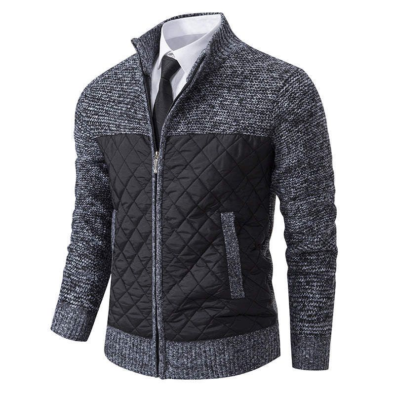 Men’s Knitted Hybrid Jacket – Diamond-Quilted Front with Stand Collar