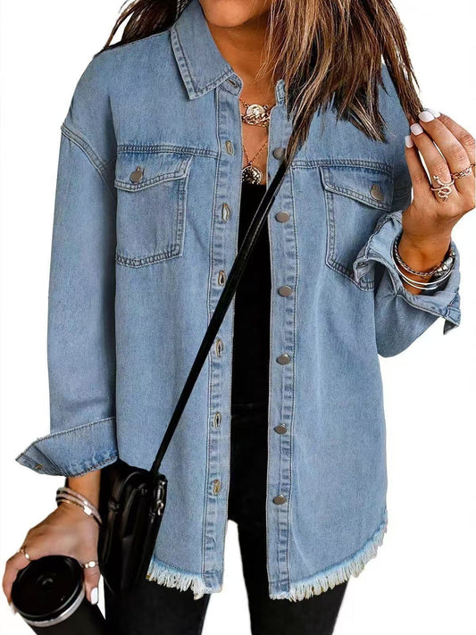 Women’s Oversized Denim Jacket – Fringed Hem with Press Studs