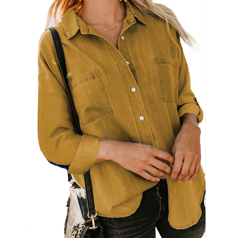Women’s Double-Pocket Button Shirt – Relaxed Long-Sleeve Style for Smart Casual Wear