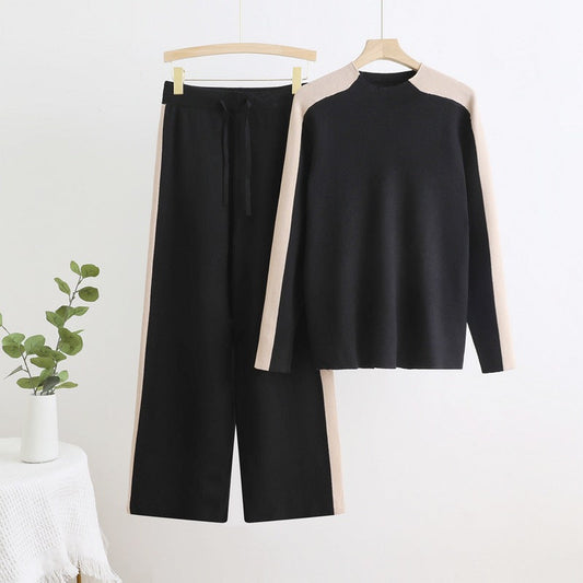 Women’s Viscose Knit Trouser Set – Long-Sleeve Top with High-Waist Drawstring Wide-Leg Trousers
