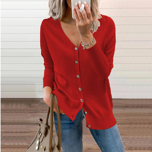 Women’s V-Neck Knit Cardigan – Relaxed Button Layer for Autumn and Winter
