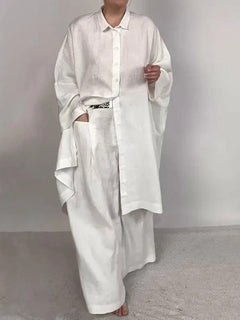 Women’s Asymmetric Shirt Trouser Set – Oversized Button-Front Top with Wide-Leg Pocket Trousers for Casual Wear