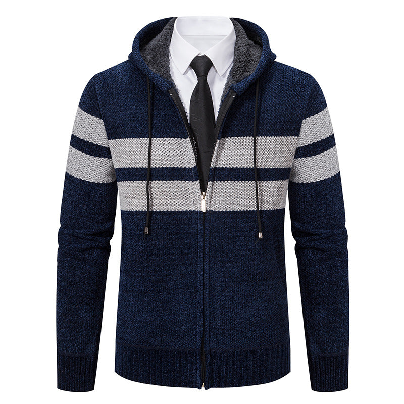 Men’s Zip Hoodie – Marled Knit with Chest Stripes and Concealed Zip