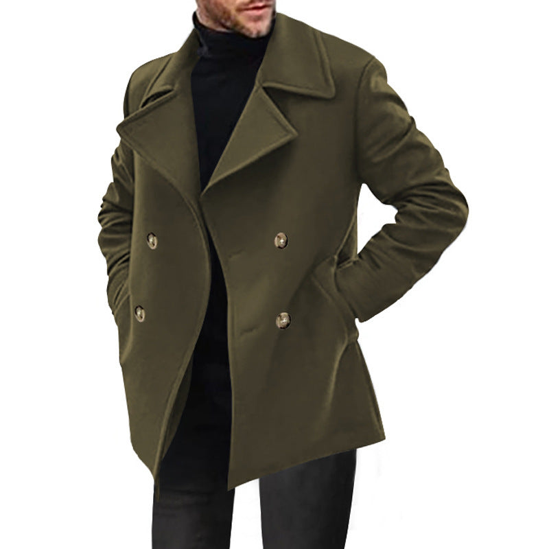Men’s Double-Breasted Short Coat – Wide Lapels with Flap Pockets