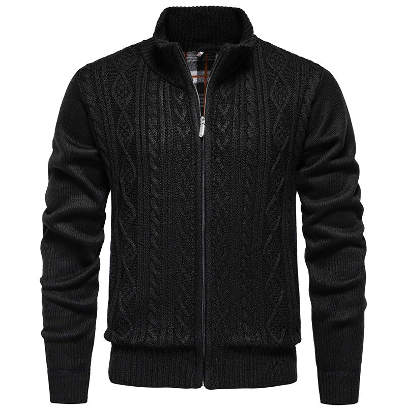 Men’s Zip-Through Knitted Jacket – Cable Pattern with Stand Collar