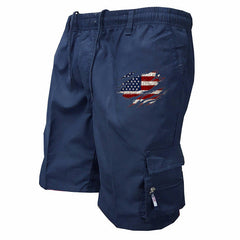 Men’s Graphic Cargo Shorts – Elasticated Drawstring Waist with Utility Pockets and American Flag Detail for Summer Wear