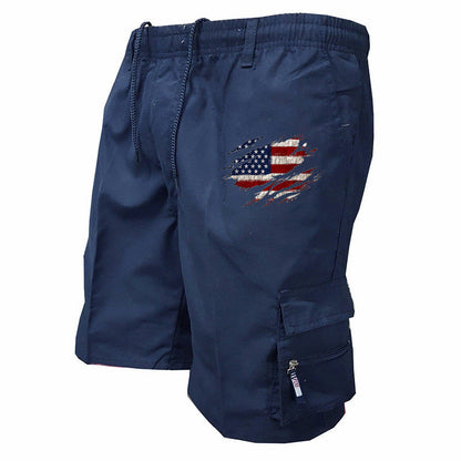 Men’s Graphic Cargo Shorts – Elasticated Drawstring Waist with Utility Pockets and American Flag Detail for Summer Wear