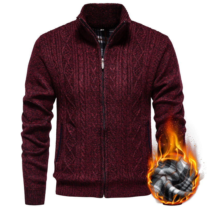 Men’s Zip-Through Knitted Jacket – Cable Pattern with Stand Collar