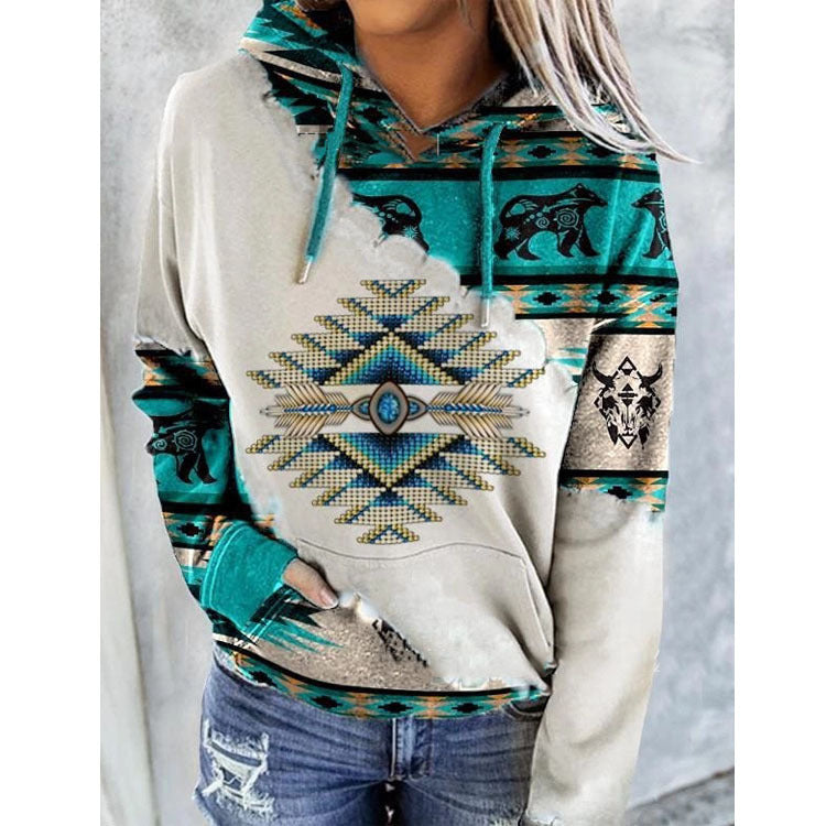 Women’s Geometric Print Hoodie – Relaxed Drawstring Pullover for Casual Autumn Layering