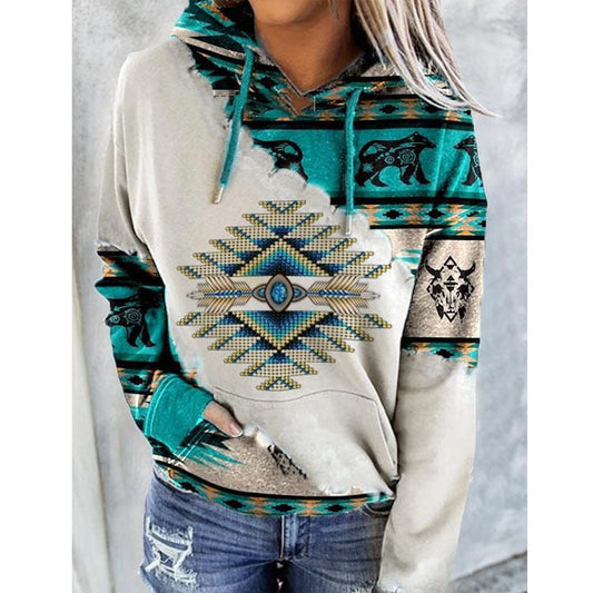 Women’s Geometric Print Hoodie – Relaxed Drawstring Pullover for Casual Autumn Layering