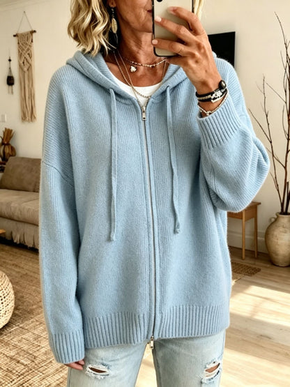 Women’s Hooded Knitted Cardigan – Full Zip with Drawstring Hood