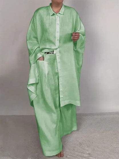 Women’s Asymmetric Shirt Trouser Set – Oversized Button-Front Top with Wide-Leg Pocket Trousers for Casual Wear