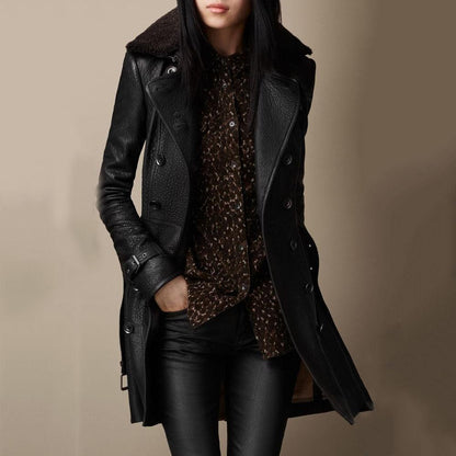 Women’s Black Coat – Double-Breasted with Teddy Collar and Waist Belt