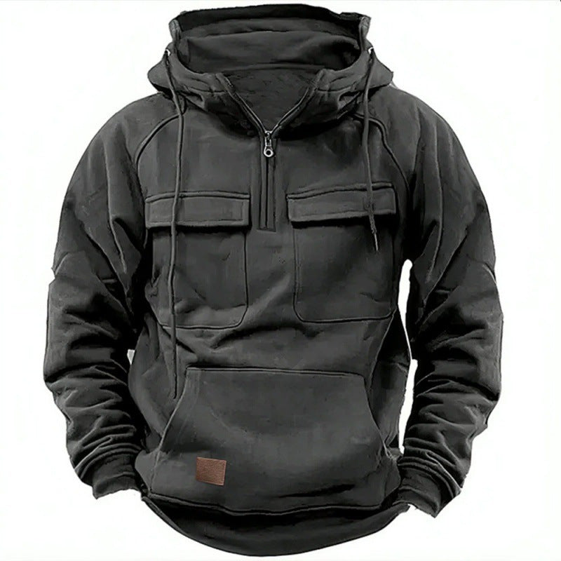 Men’s Utility Half-Zip Hoodie – Multi-Pocket Pullover for Casual Outdoor Wear