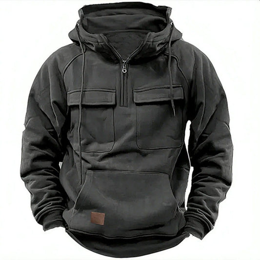 Men’s Utility Half-Zip Hoodie – Multi-Pocket Pullover for Casual Outdoor Wear